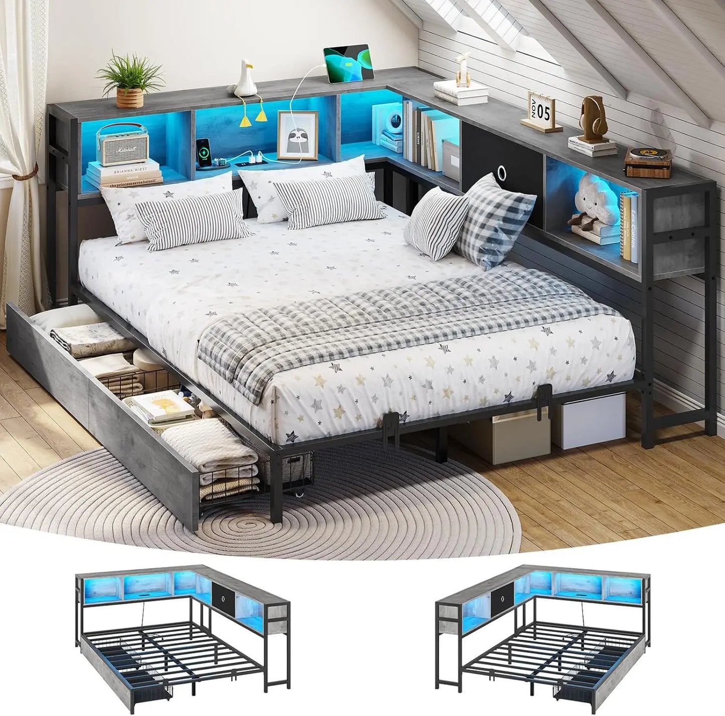 Corner Full Bed Frame with Bookcase Storage and Led Lights Full Size Metal Platform Bed Frame with Storage Drawers & Charging