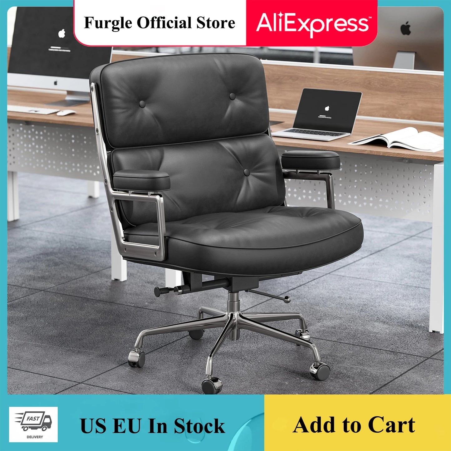 Mid-Back Classic Padded Office Chair Genuine Leather with Armrest Big Lobby Desk Gaming Chair Suitable for Home and Office
