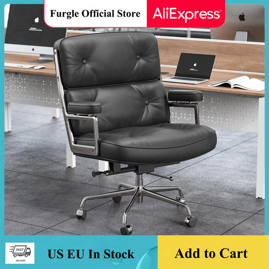 Mid-Back Classic Padded Office Chair Genuine Leather with Armrest Big Lobby Desk Gaming Chair Suitable for Home and Office