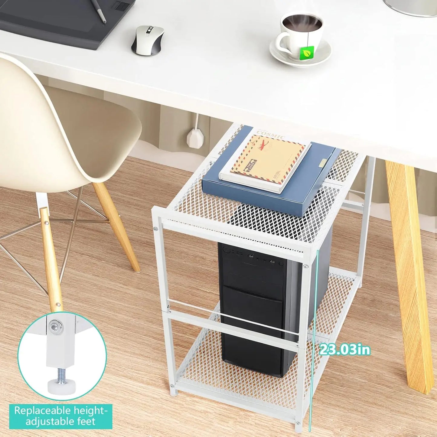 Computer Tower Stand White PC Tower Stand 2 Tier CPU Holder with Wheels Metal Mobile Computer Tower Cart Rolling PC Cart Floor