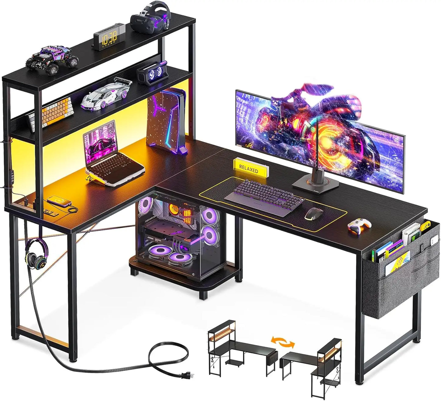 53 Inch L Shaped Gaming Desk with LED Lighting, Reversible Desk with Power Outlets, Customized