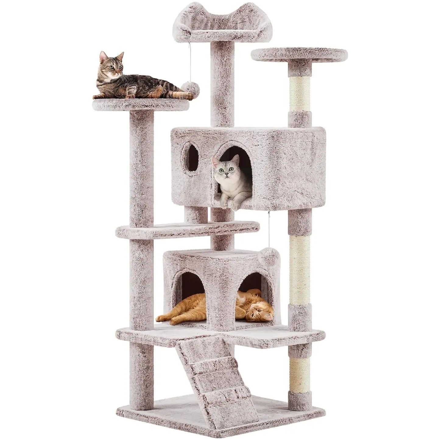 54in Multi-Level Cat Tree Kitten-ear Perch 2 Caves Scratch Posts Ladder 2 Balls Indoor Kittens Durable Pet Furniture , Custom