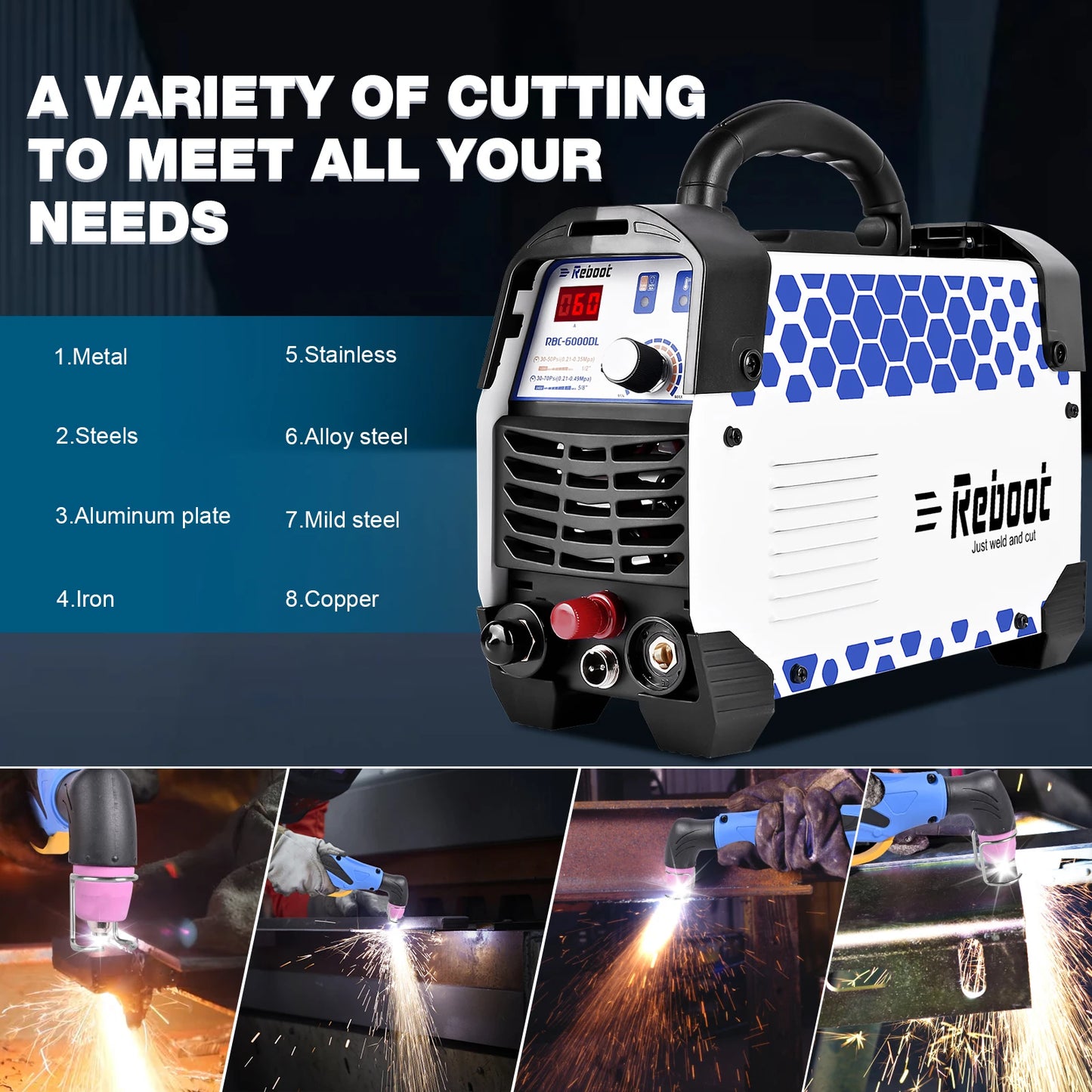 Reboot Plasma Cutter 60 Amp Pilot Arc Cutting Machine Non-Touch 1/2 inch (12mm) Clean Cut 3/4 inch (19mm) Severance Cut 110/220V