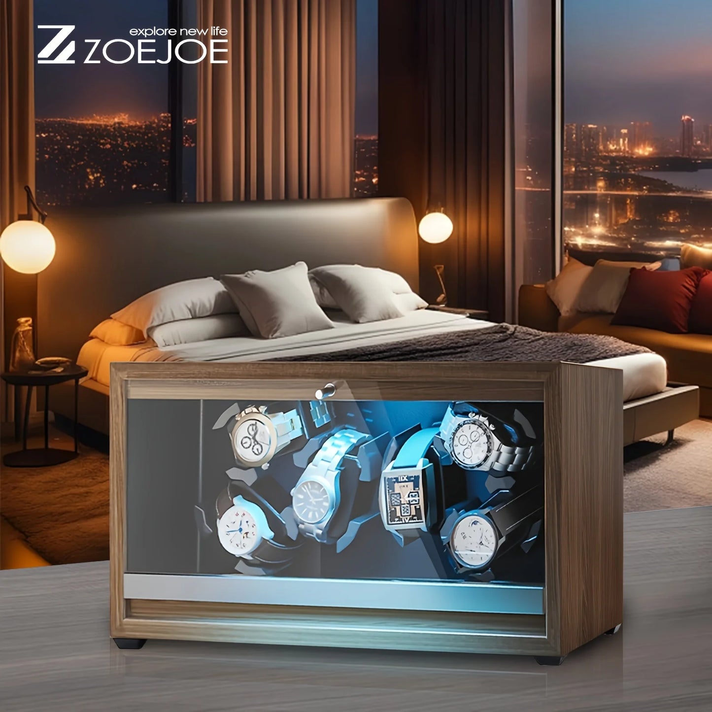 Automatic Watch Winder With LED Ambient Light Quiet Motor Walnut Grain USB Cable 5 Modes Watch Winders Best Gifts For Men Women