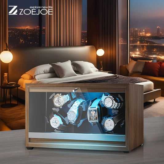 Automatic Watch Winder With LED Ambient Light Quiet Motor Walnut Grain USB Cable 5 Modes Watch Winders Best Gifts For Men Women