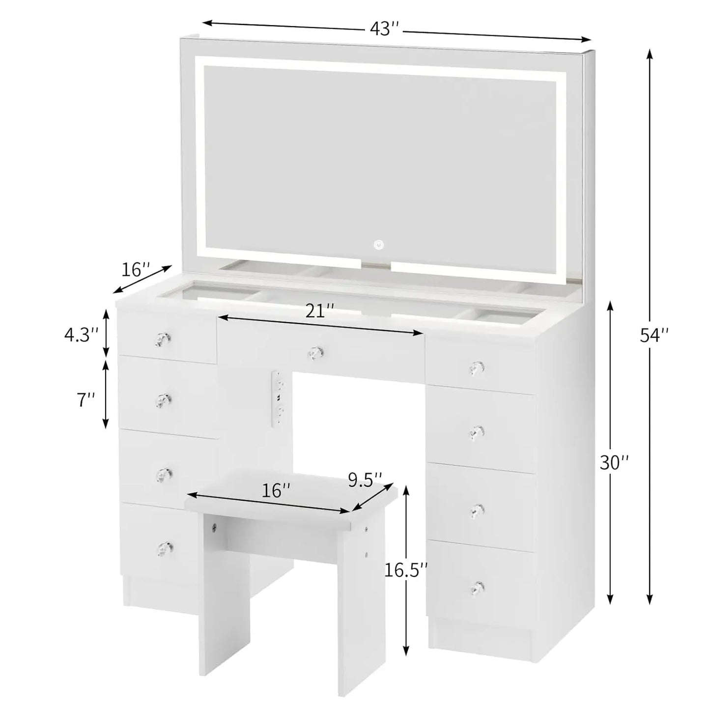Glass Top Vanity Desk Lighted Mirror Power Outlet 9 Drawers 3 Color Lighting Adjustable Brightness Cushioned Stool 43 Customized
