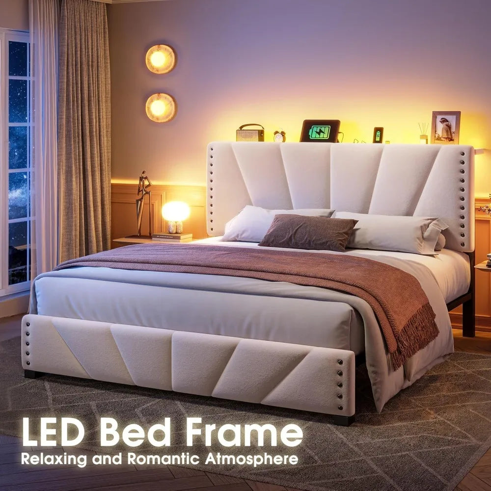 New upgrade - Queen Bed Frame with Velvet Headboard and LED Lights, Storage Headboard with Charging Station, Bed Frame Queen
