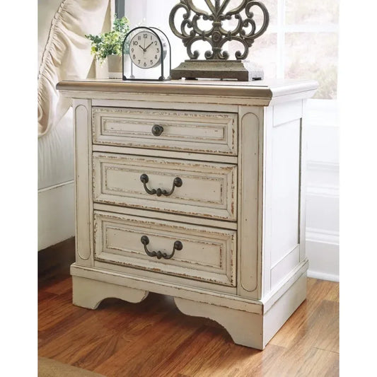 New upgrade-Realyn French Country 3 Drawer Nightstand with Electrical Outlets & USB Ports, 27.75" Tall, Chipped White