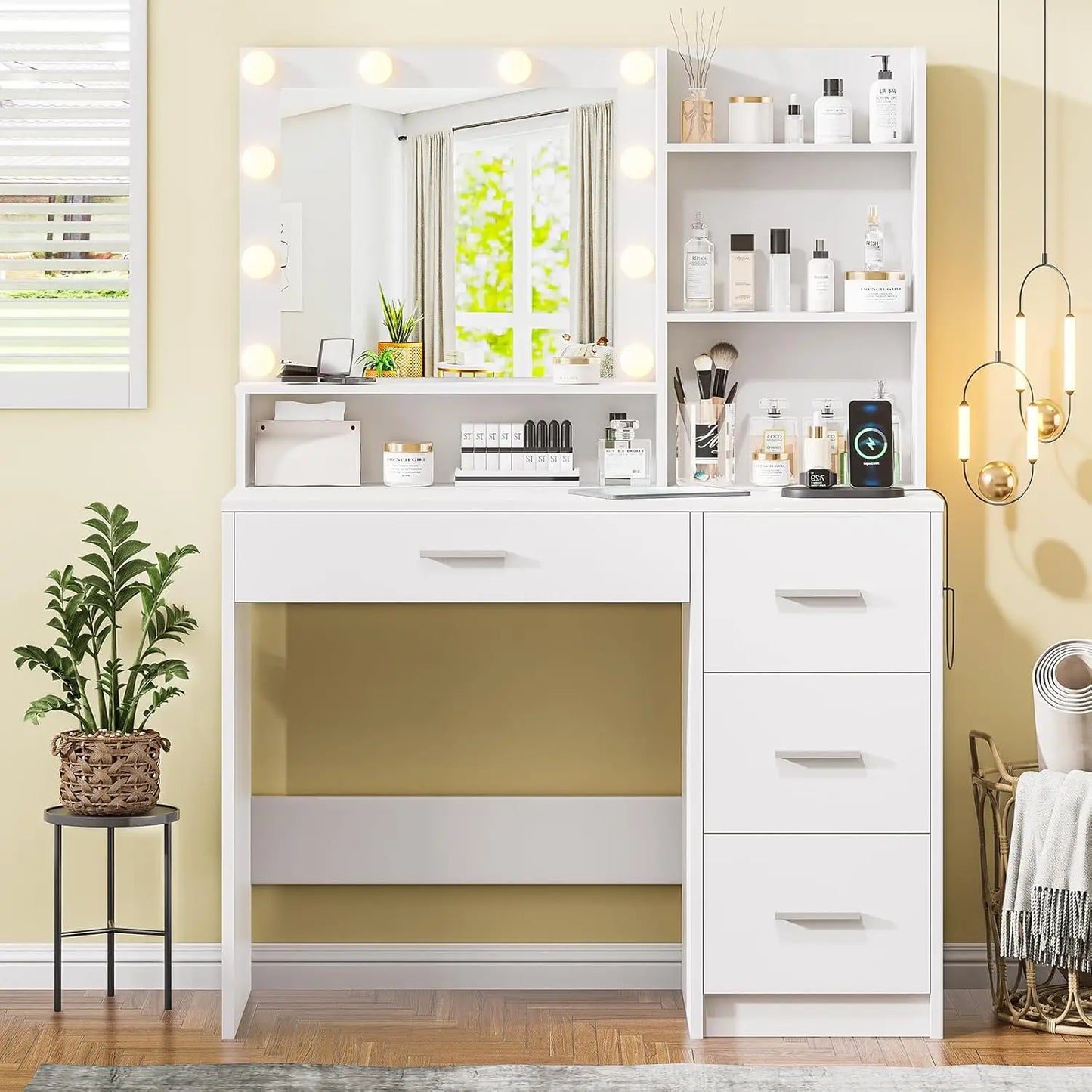 Vanity Desk with Large Mirror, Lights & Power Outlet, Black Makeup Vanity with 9 Drawers & Shelf Storage, Customized