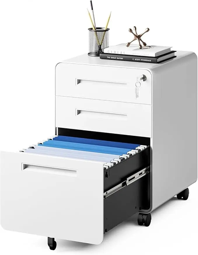 Mobile Filing Cabinet 3 Drawer, Rolling Small File Cabinet with Keys Under Desk, Compact Office Organizer w/Lockable Drawers & A