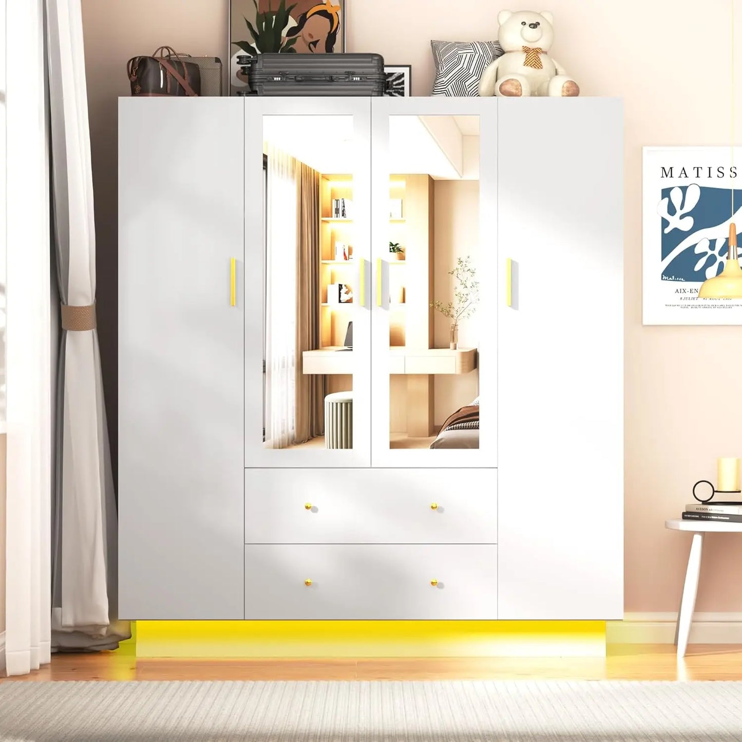 4 Doors Armoire Wardrobe Closet with Mirror, LED Armoire with Doors and Drawers, Wooden Wardrobe Storage Cabinet with Hanging Ro