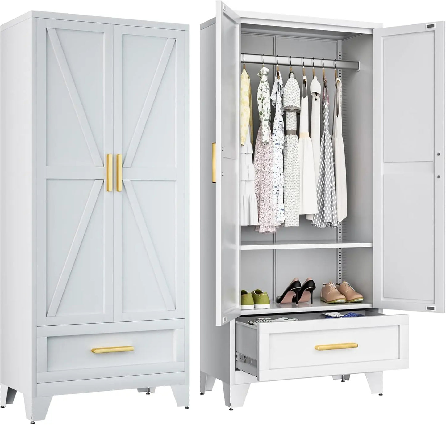 71" White Metal Wardrobes Closet With Hanging Rod and Drawers,Barn Doors, Adjustable Shelves For Home, Bedroom, Laundry room