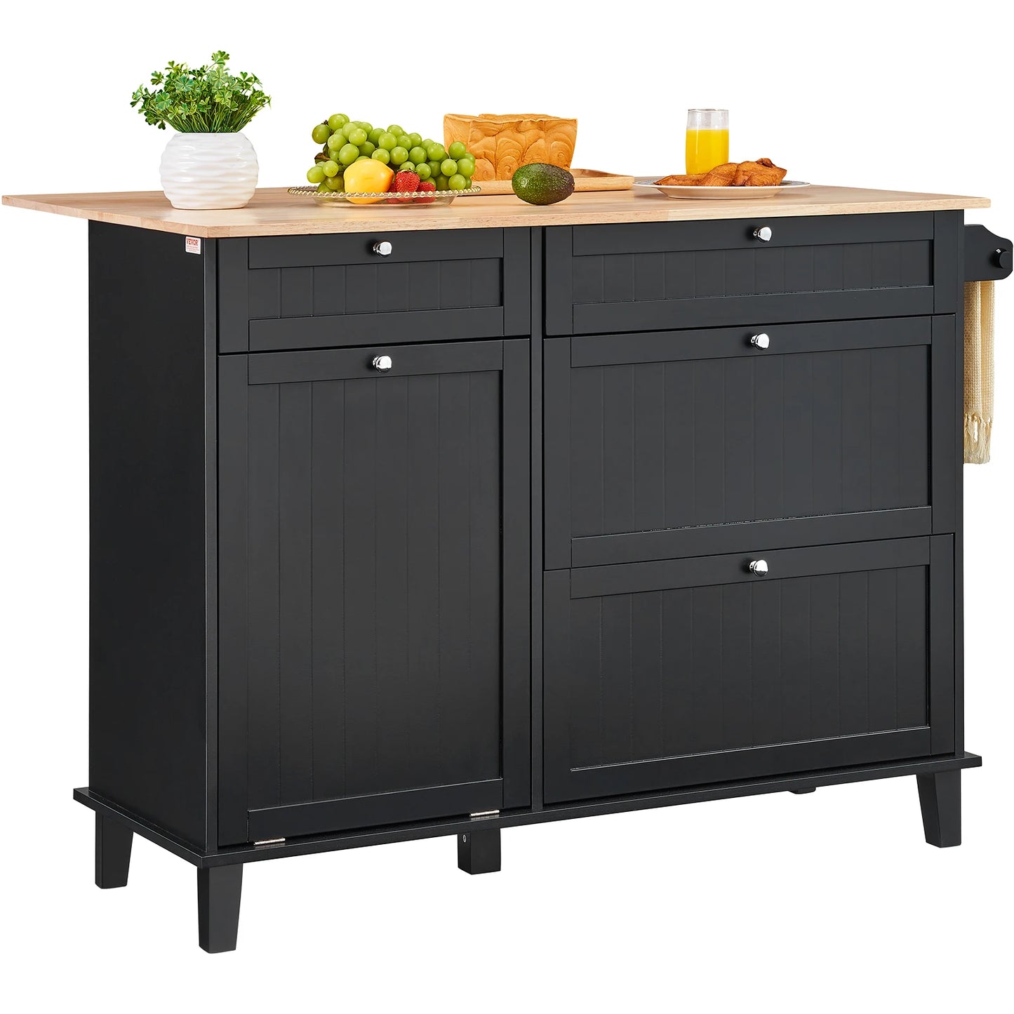 SucceBuy Kitchen Island Cart Breakfast Bar with Trash Cabinet Tilt Out Storage Farmhouse Dining Living Room Table with Drop Leaf
