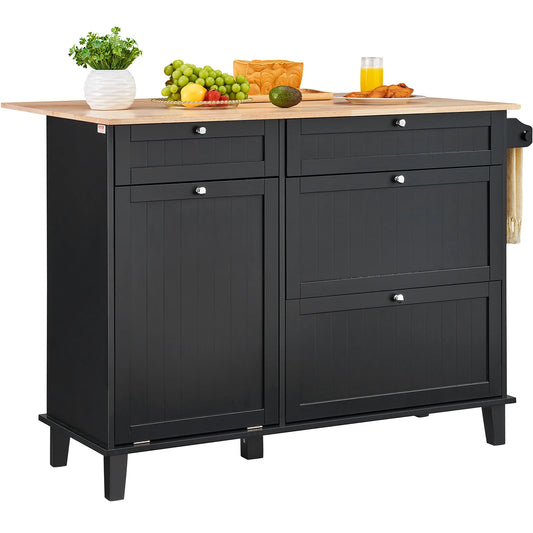 SucceBuy Kitchen Island Cart Breakfast Bar with Trash Cabinet Tilt Out Storage Farmhouse Dining Living Room Table with Drop Leaf