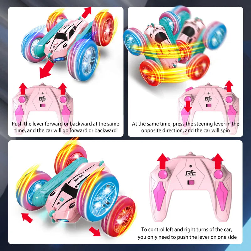 Remote Control Car - Girl Pink Remote Control Car -2.4G Double sided 360 ° Rotation - Car Toy with Lights - Girl Birthday Gift