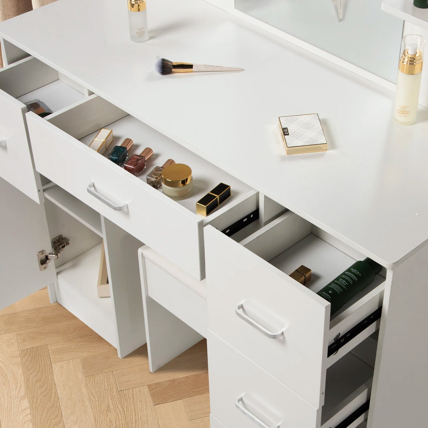 Teousev White Light Luxury LED Vanity Dressing Table with HD Mirror 5 Drawers & Stool 3 Color Dimmable Easy Assembly Makeup Desk