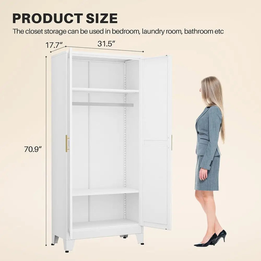 Metal Armoire Wardrobe Closet with 2 Mirror Do, 71" Wardrobe Cabinet with Adjustable Shelves and Hanging Rod, Clothing Storage C