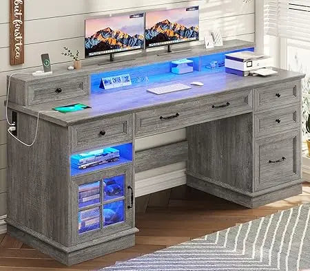 Farmhouse Executive Desk with File Drawer, Computer Desk with Charging Station & LED Lights, Home Office Desk with Drawers & Sto