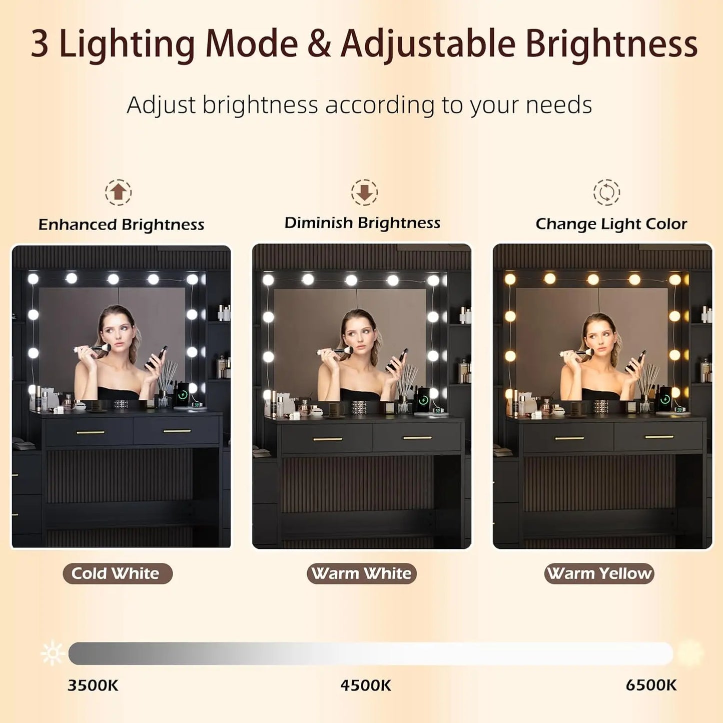 58.3" Makeup Vanity with Lights & Charging Station, Dressing Table Vanity Set White Vanity Table with Cushioned Stool, 8 Drawers
