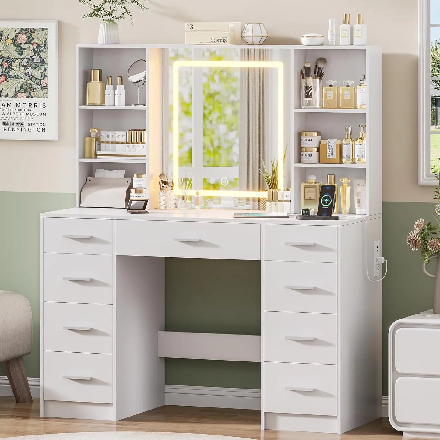 Vanity Desk with Large Mirror, Lights & Power Outlet, Black Makeup Vanity with 9 Drawers & Shelf Storage, Customized