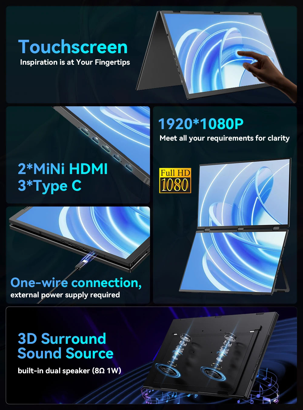 UPERFECT Delta 18.5" 100Hz Touchscreen Dual Triple Portable Monitor 1080P USB-C HDMI HDR Foldable Display For PC Game Console