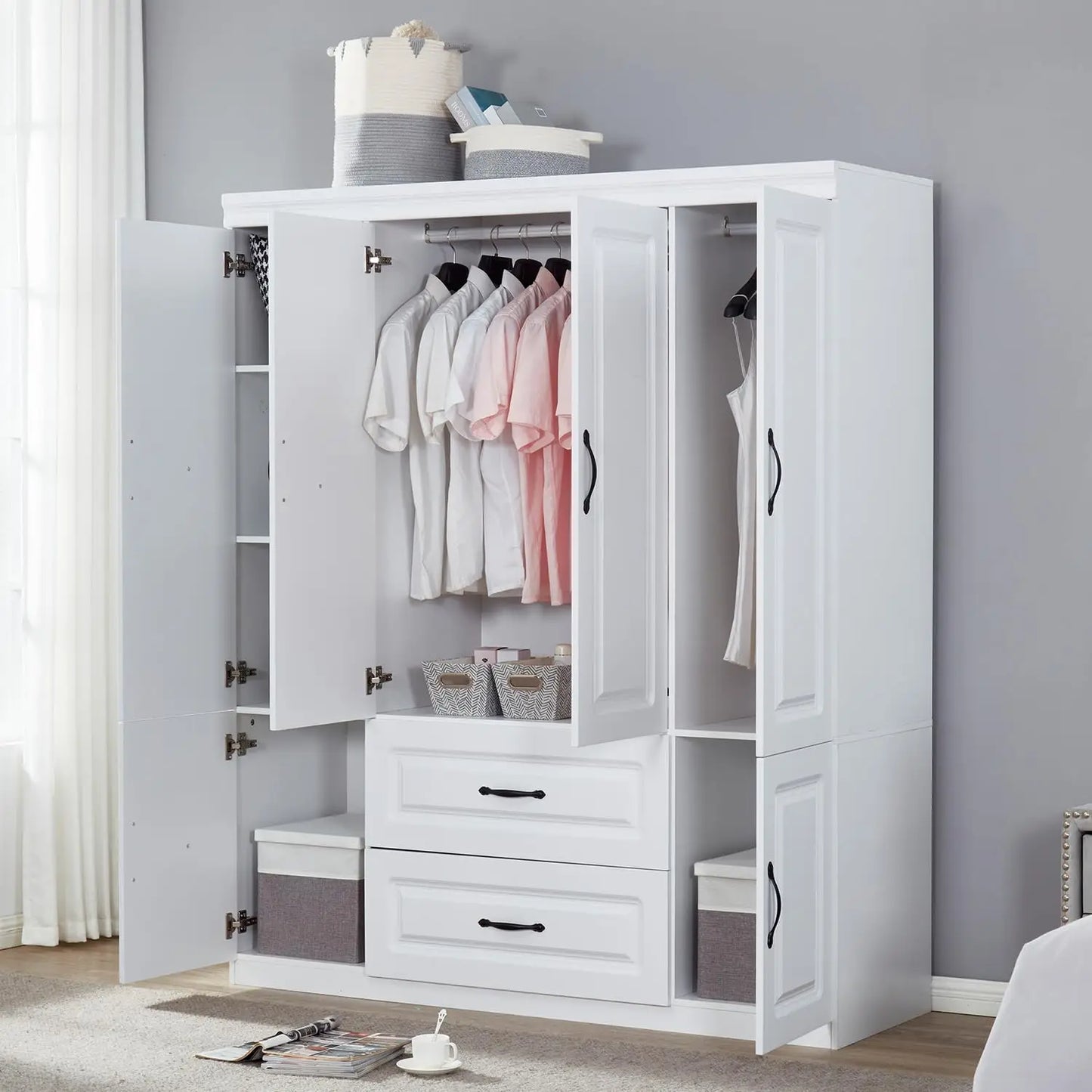 Modern 4-Door 2-Drawer Wooden Armoire Wardrobe Closet with Hanging Rods Large Capacity Bedroom Storage White Customized