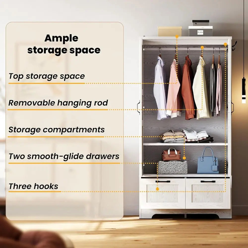 71" Wooden Armoire Wardrobe Closet with 2 Ders & Hanging Rod | reestanding Clothing Storage Cabinet with 2 Doand Shelves, White