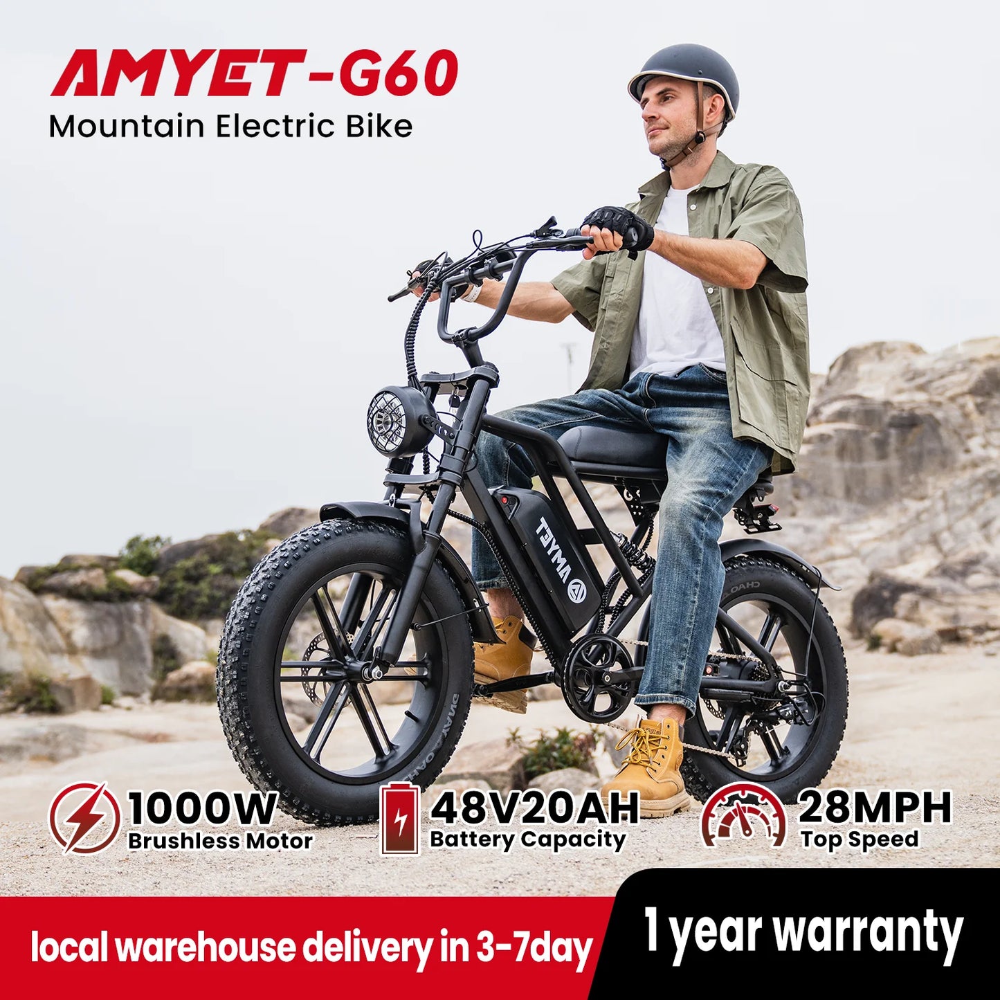 AMYET V9-G60 Adults Electric Bike 1000W Motor Bicycle 48V 20AH 20“ Tire Ebike Electric E Bikes Mountain Moped Ebikes For Men