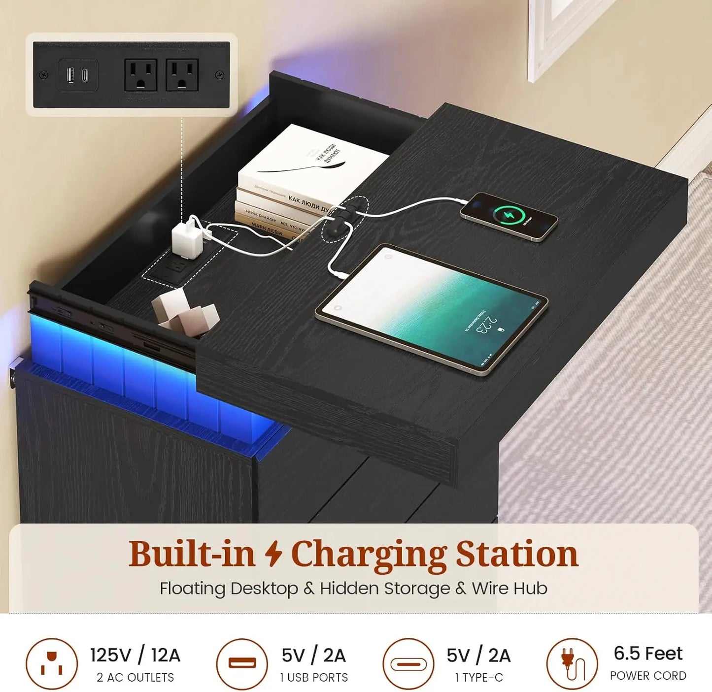 Tall Black Dresser for Bedroom, Modern 5 Wood Drawers with LED Light and Power Outlet, Floating Dressers for Closet