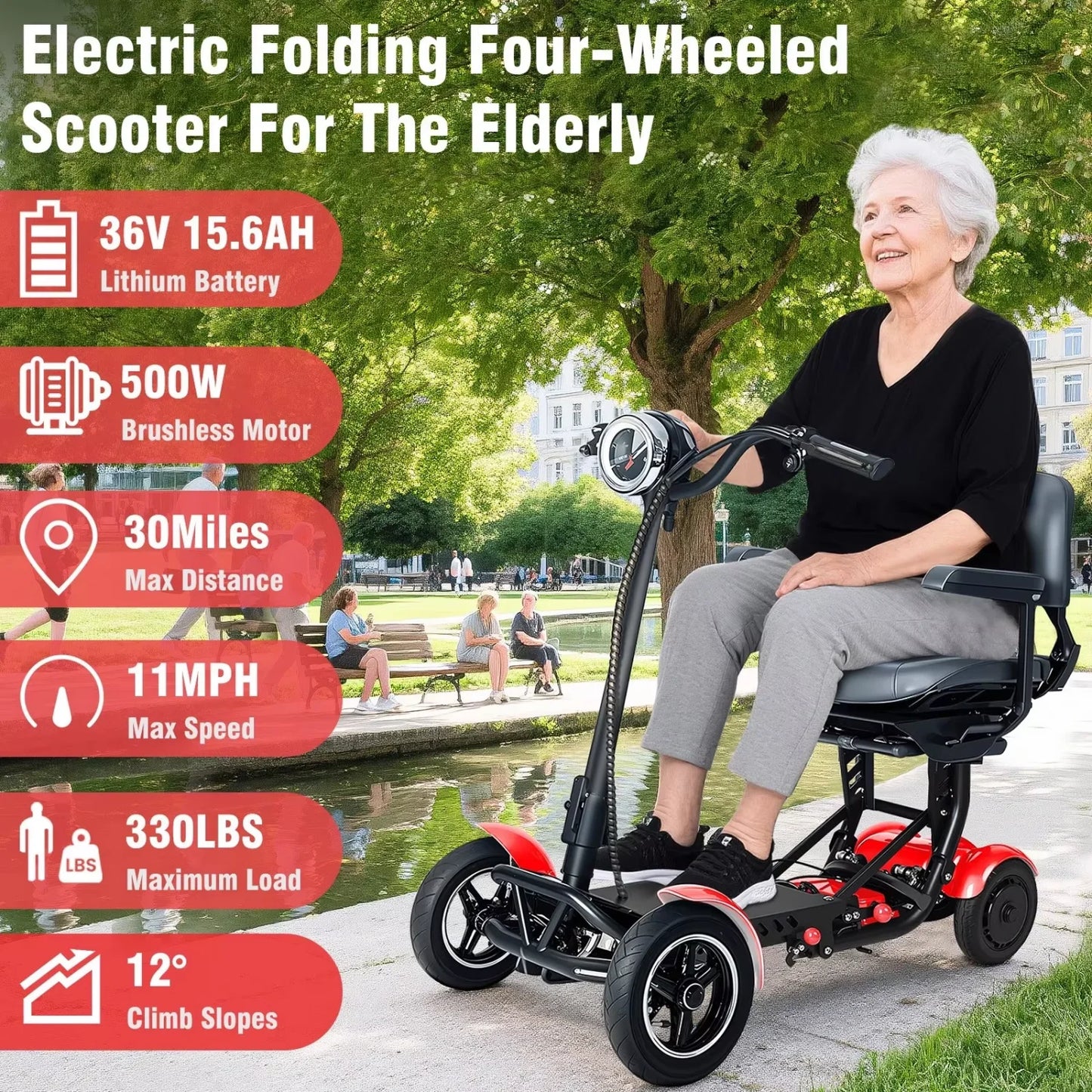500W Foldable Four Wheel Electric Scooter, Suitable for Elderly Urban Outing Basket, 12 Miles per Hour, All Terrain Cycling