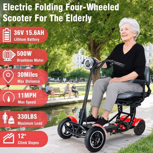 500W Foldable Four Wheel Electric Scooter, Suitable for Elderly Urban Outing Basket, 12 Miles per Hour, All Terrain Cycling