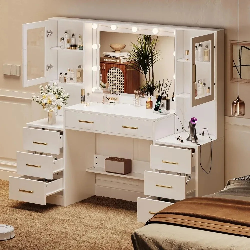 58.3" Vanity Desk with Mirror, Charging Station, 8 Drawers & 2 Cabinets - Large Makeup Dressing Table for Bedroom