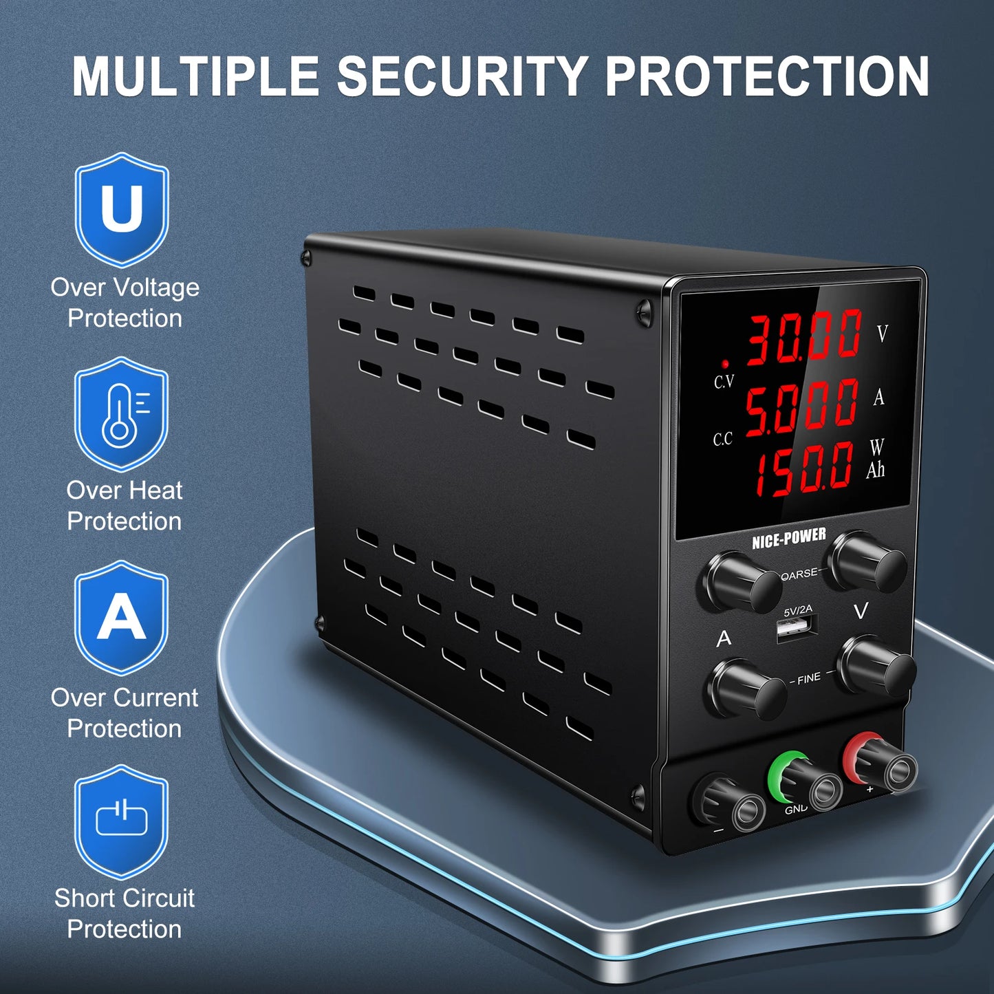 NICE-POWER Adjustable Switching DC Power Supply 30V 5A Lab Bench Power Supply Output Preset Current USB Inter Bench Source AC110