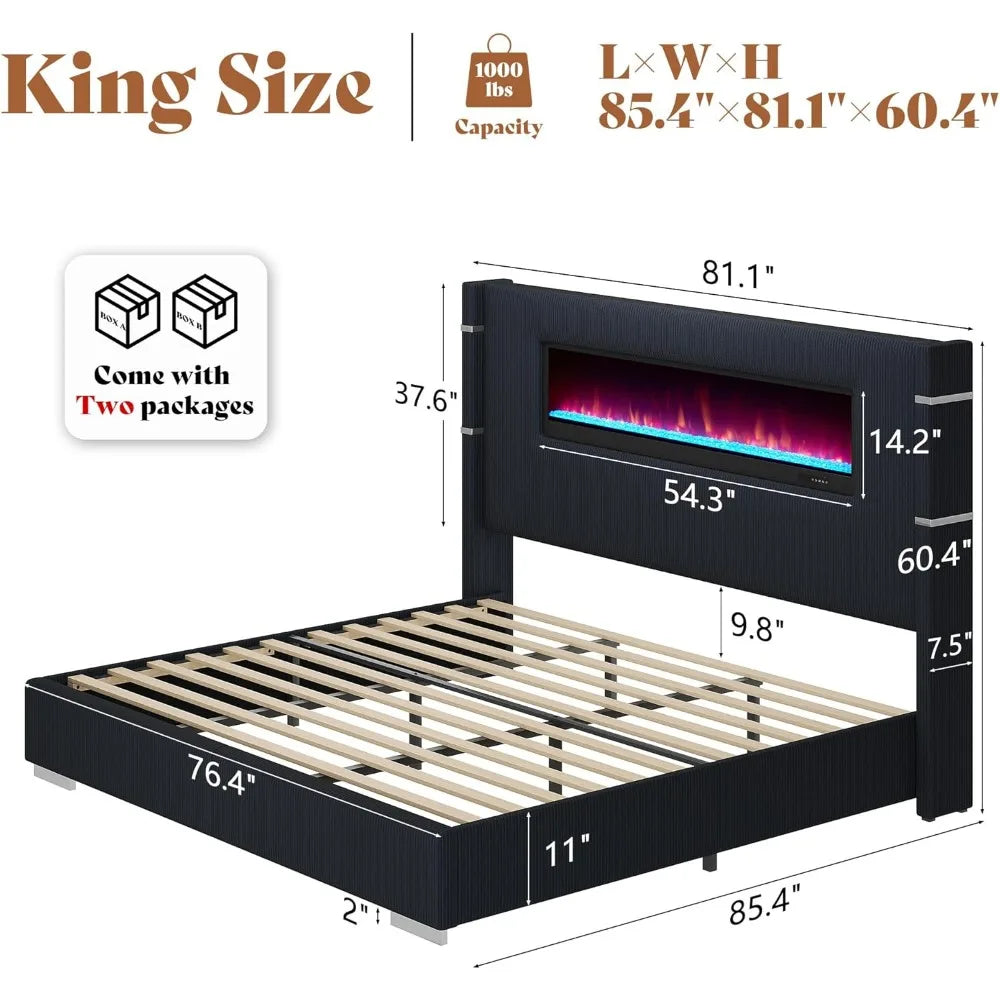 Modern King Size Bed Frame with Fireplace, Wingback Platform Bed Frame with 60.4“ Extra Tall Headboard, Corduroy