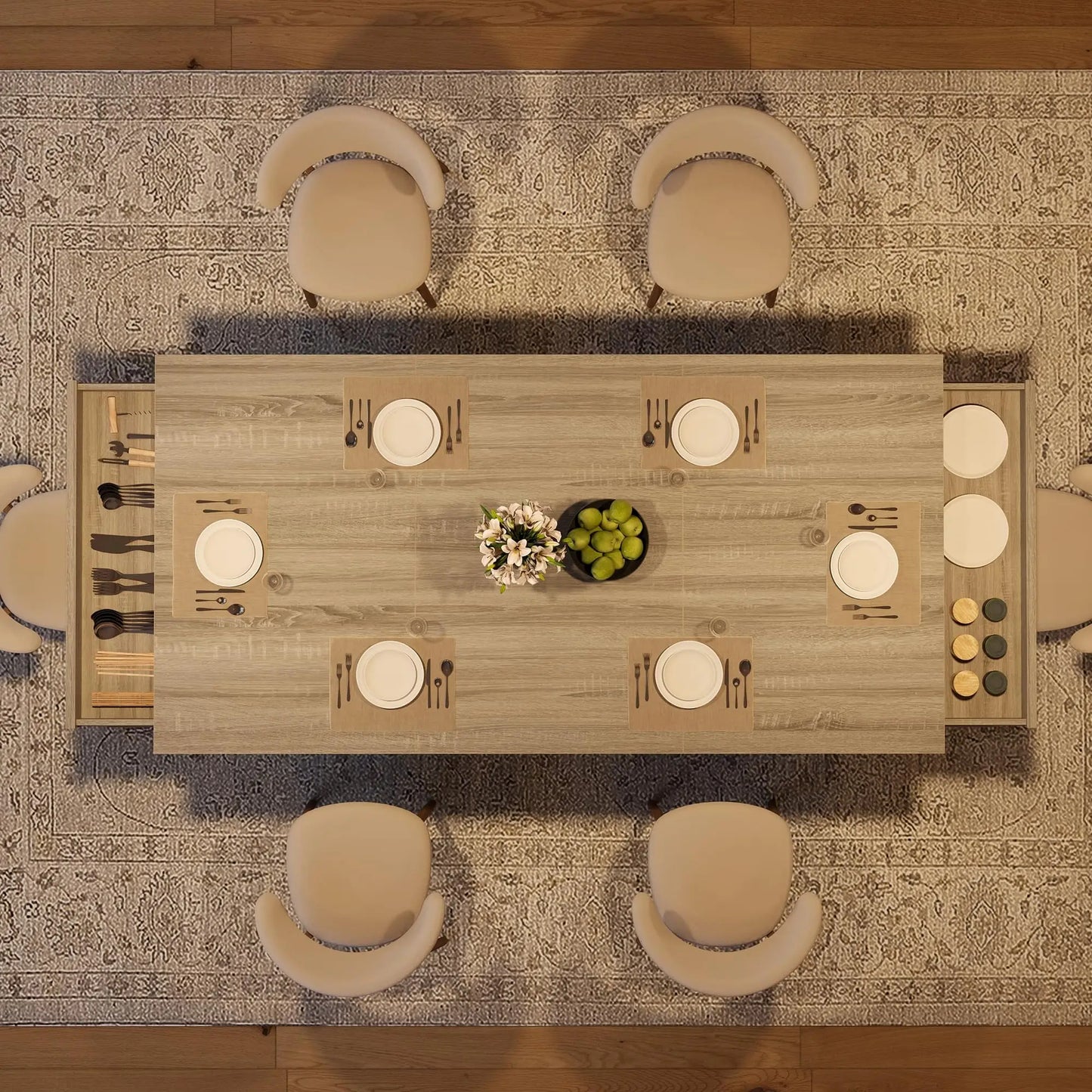 Large 71 Inch Dining Table With 2 Storage Drawers For 6-8, Rustic Wood Kitchen Table, Heavy Duty Base, Home Office Desk