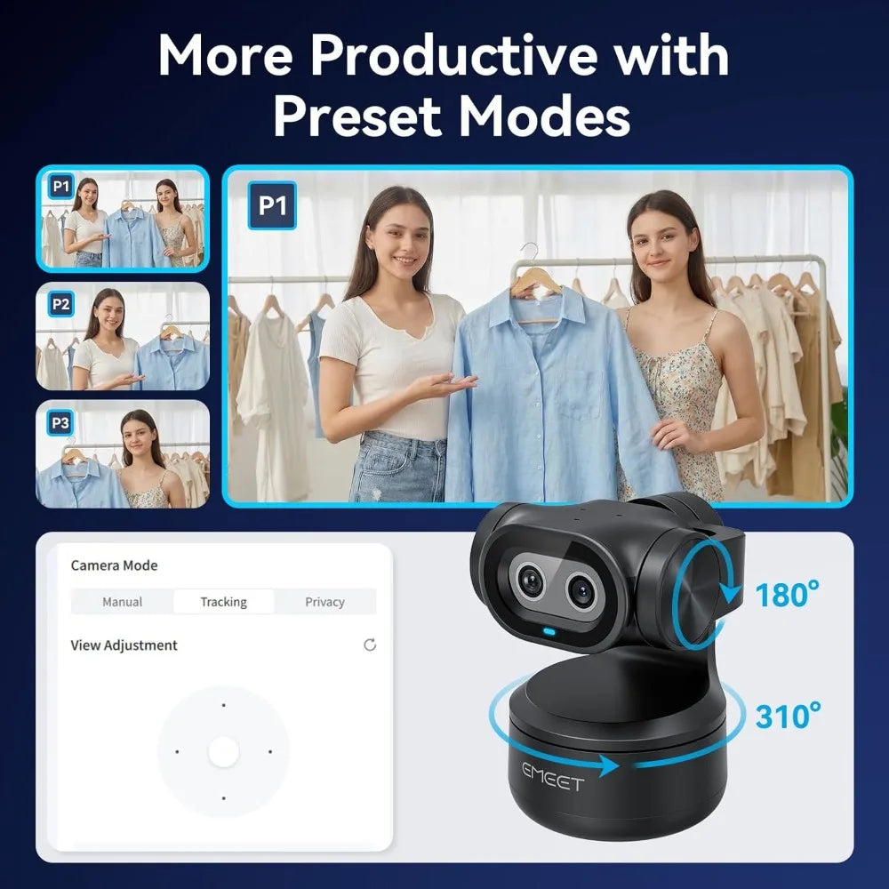 Dual-Camera AI PTZ 2K Webcam with Auto-Tracking, Gesture Control, 3 Mics, 310° Pan, for Streaming