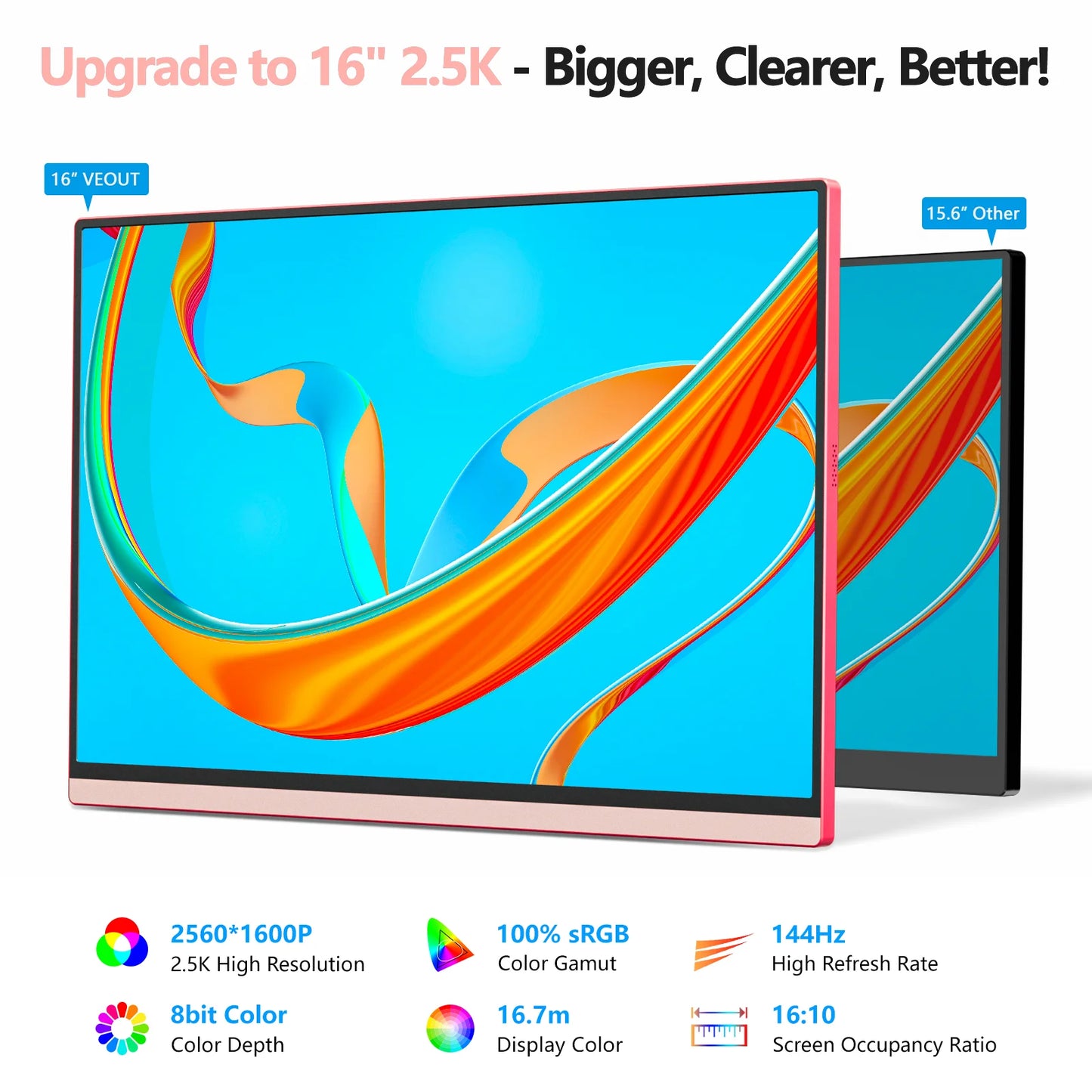 16 inch 2.5K 144Hz Portable Gaming Monitor,2560x1600 100% sRGB HDR FreeSync ,Ultra Slim w/Kickstand , Blue Light External Screen