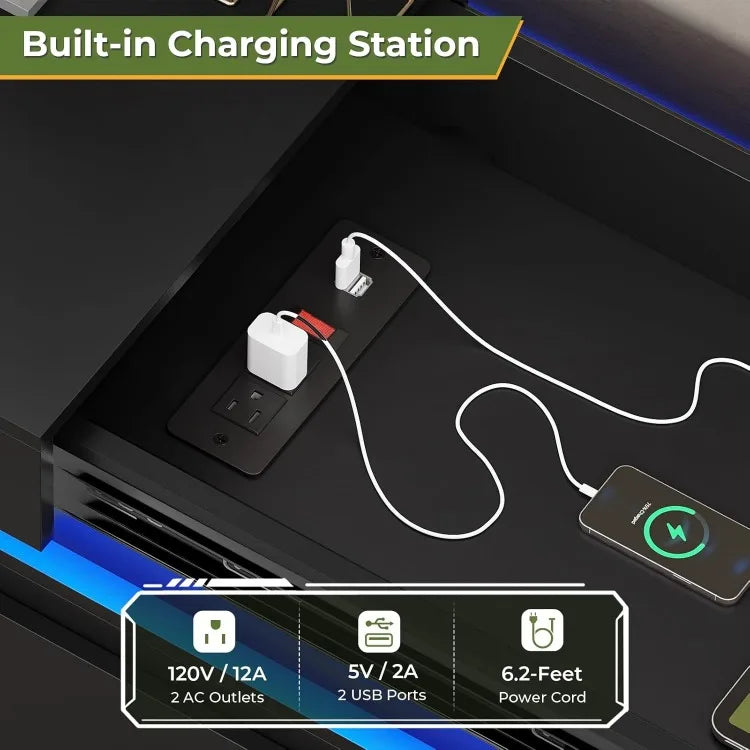 Modern 6 Drawer Dresser with Sliding Desktop, Wide Chest of Drawers with Charging Station & LED Lights, Large Storage Tow