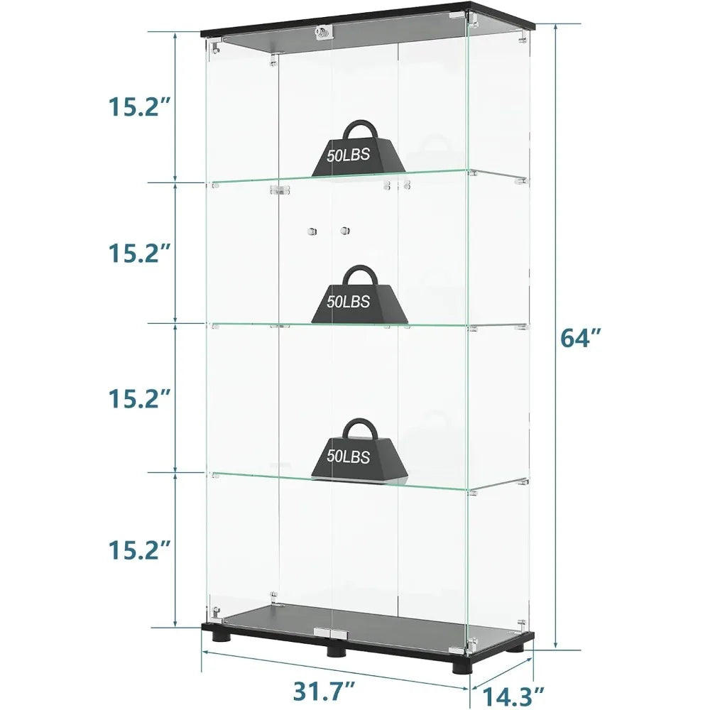 Glass Display Cabinet with 4-Shelf Double Doors and Lock, Curio Cabinet 5mm Tempered Glass Floor Standing Bookshelf for Living R