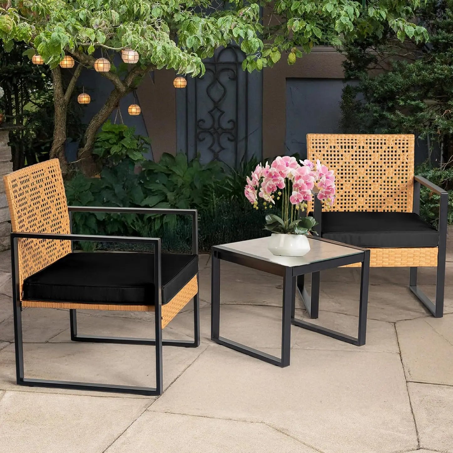 3 Piece Outdoor Wicker Bistro Set, Patio Conversation Sets w/2 Large Rattan Chairs and Tempered Glass Table, Patio Furniture