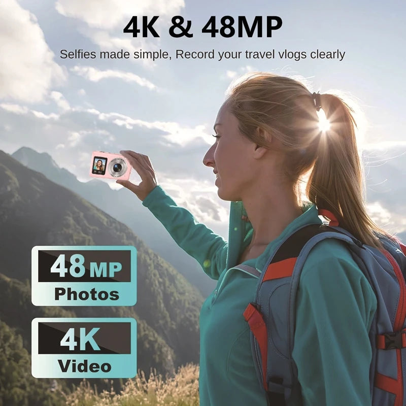 Lenovo 4K Digital Camera 48MP Dual Screen, Auto Focus Anti-Shake 16X Zoom, Vlogging Camera with 64GB SD Card Compact Travel