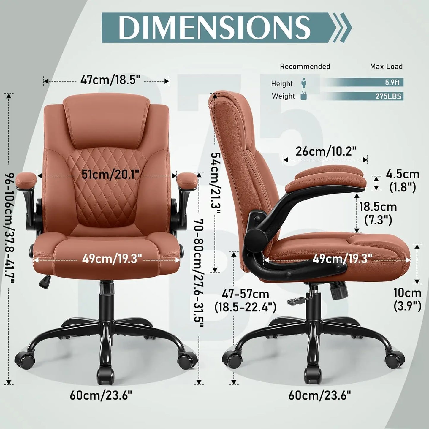Brown PU Chair for Short People: Compact Ergonomic Office & Gaming w/ Adjustable Arms, 360° Swivel