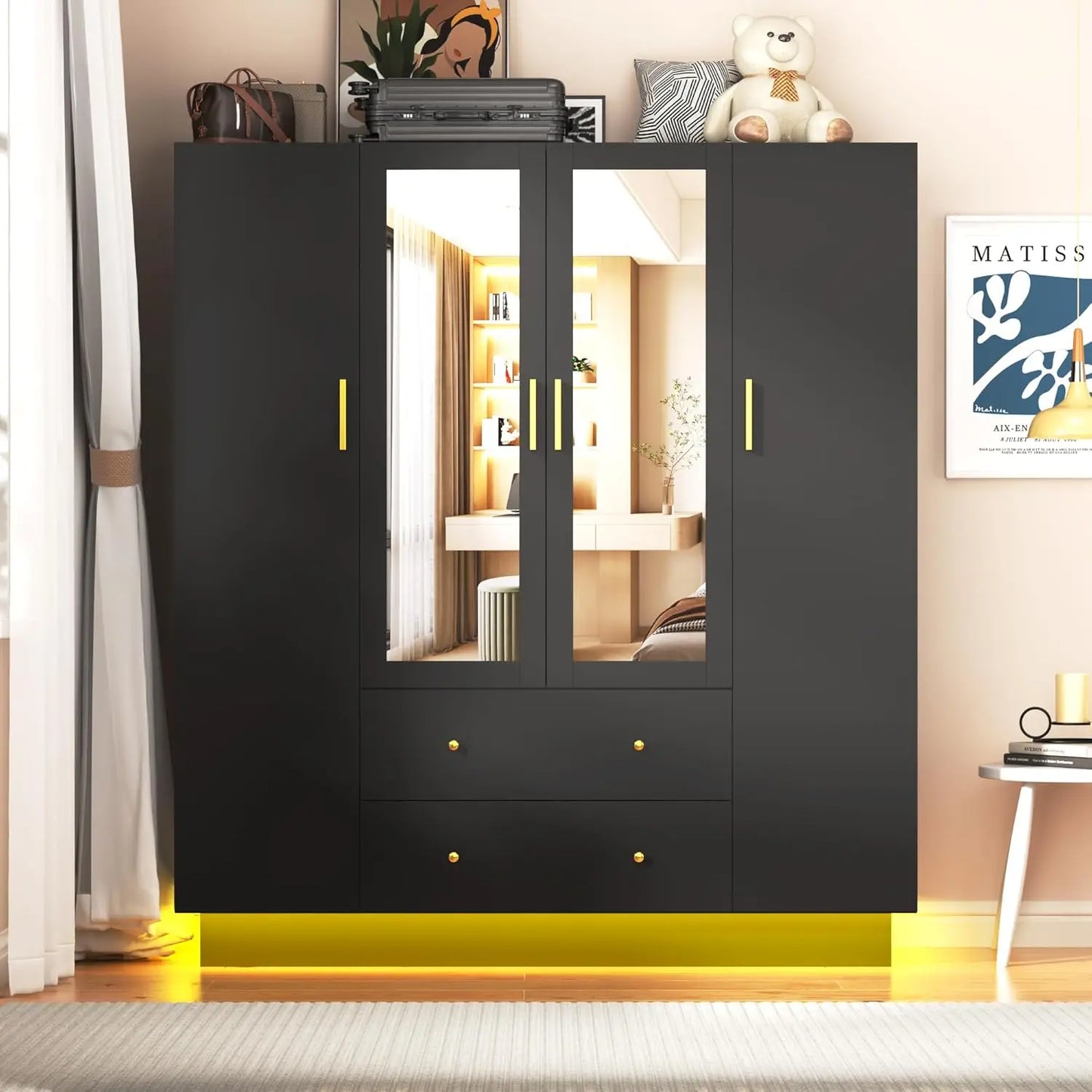 4 Doors Armoire Wardrobe Closet with Mirror, LED Armoire with Doors and Drawers, Wooden Wardrobe Storage Cabinet with Hanging Ro