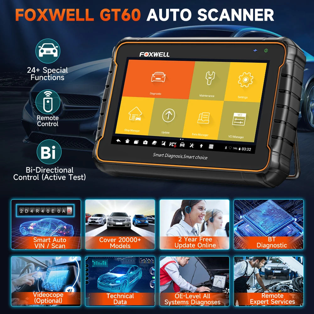 Foxwell GT60 OBD2 Automotivo Scanner 24+ Reset ABS SAS TPMS Reset ODB 2 OBD2 Scanner Bluetooth All System Diagnostic Tool