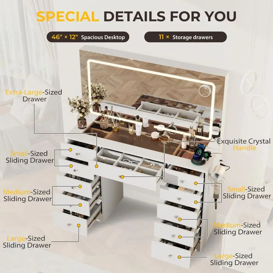 Makeup Vanity, 11 Drawers Vanity Mirror with Lights, Makeup Vanity Desk with 3 Lighting Modes Adjustable Brightness, Vanity with