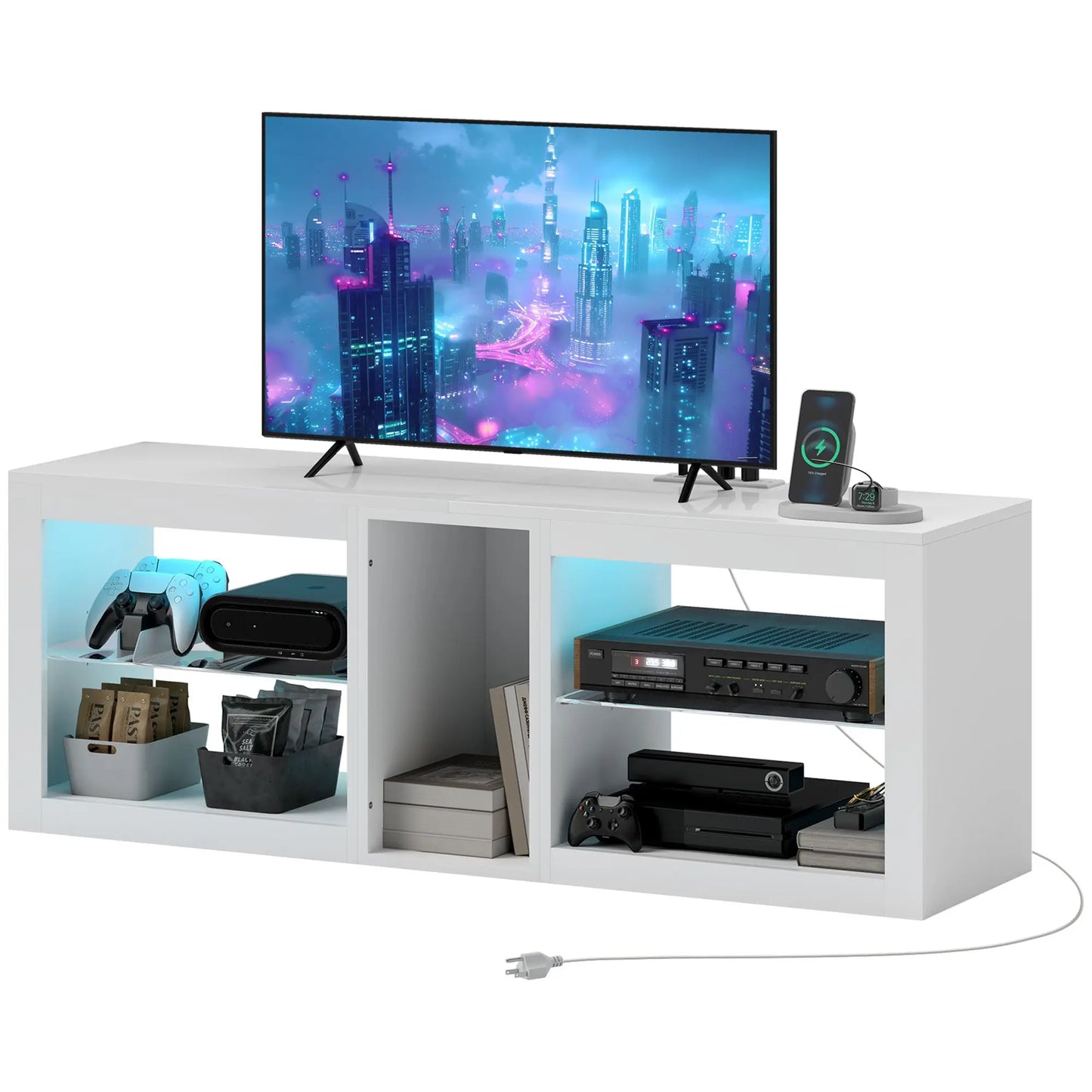 High Gloss White 55\" TV Stand with LED Lights and Power Outlets Adjustable Shelves Television Cabinet