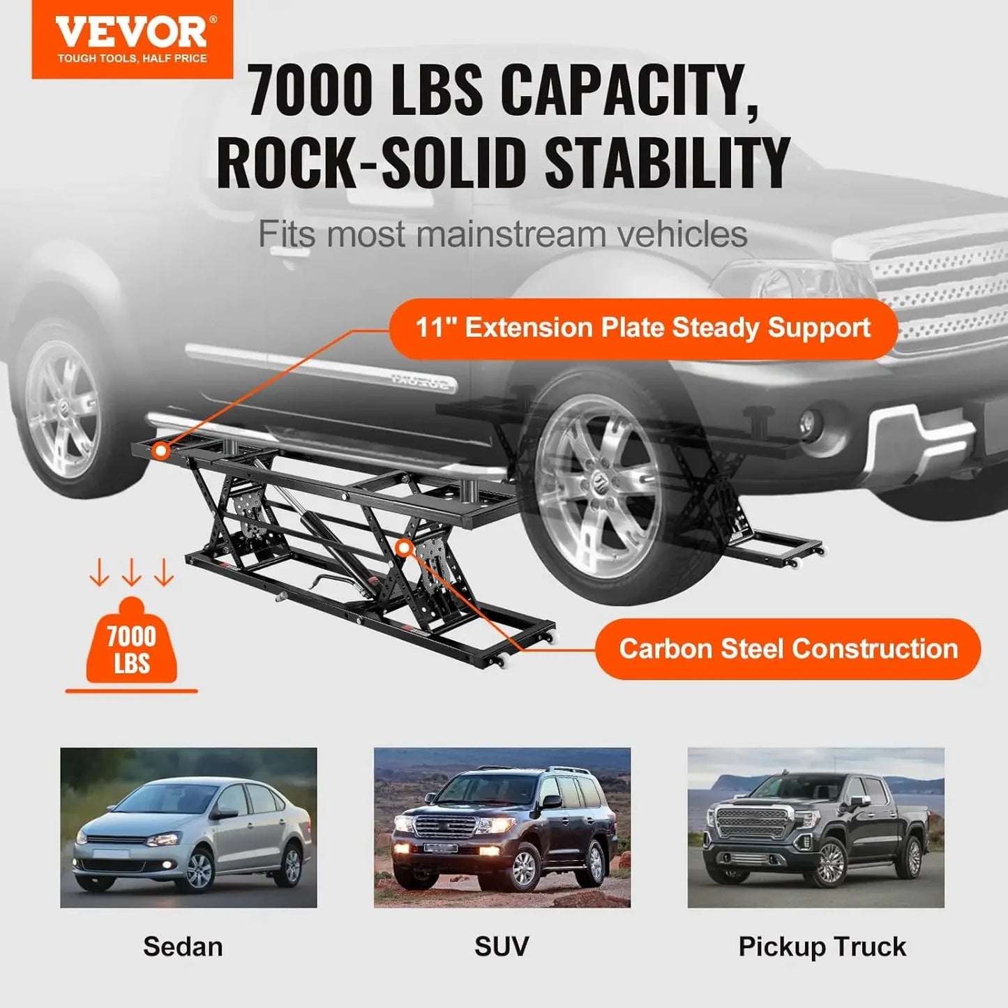 7000 LBS Capacity Portable Car Lift, 26.8" Max. Height, with Extended-Length Plates, Heavy-Duty Carbon Steel Truck Lift