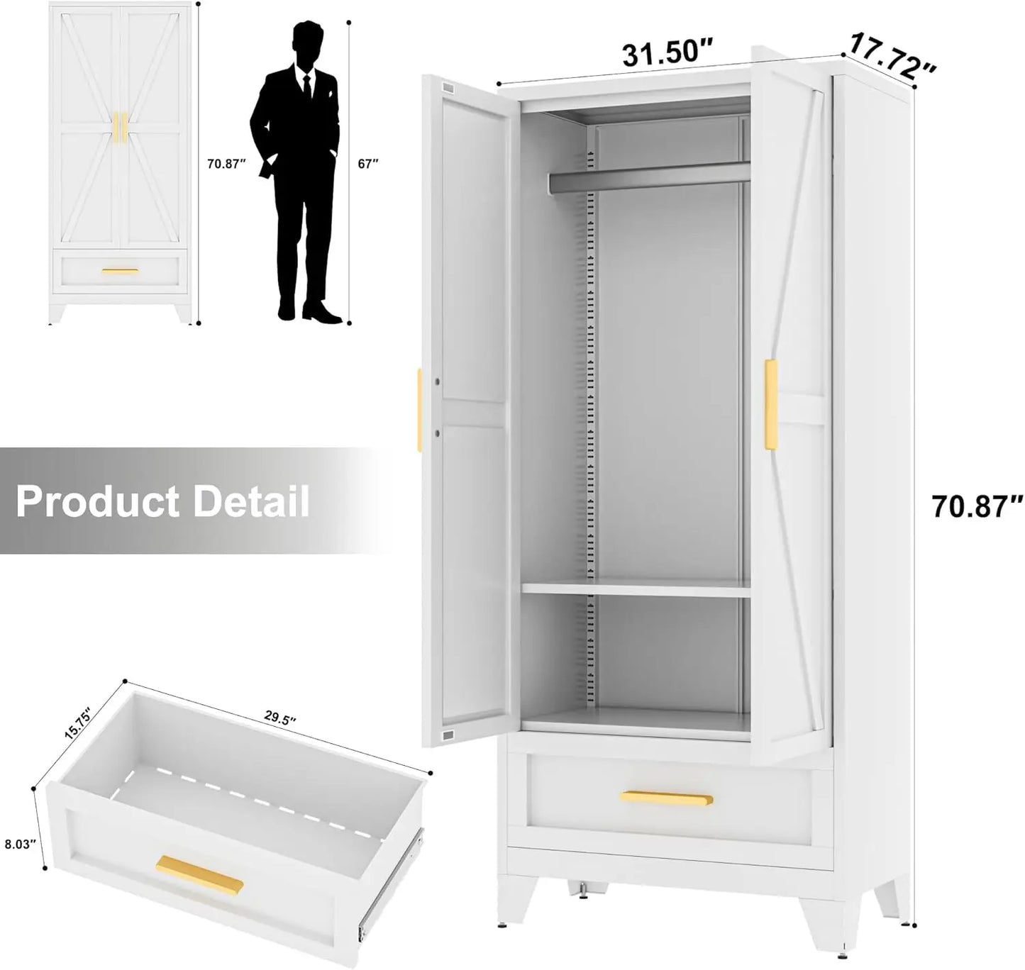 71" White Metal Wardrobes Closet With Hanging Rod and Drawers,Barn Doors, Adjustable Shelves For Home, Bedroom, Laundry room