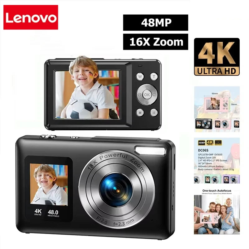 Lenovo 4K Digital Camera 48MP Dual Screen, Auto Focus Anti-Shake 16X Zoom, Vlogging Camera with 64GB SD Card Compact Travel