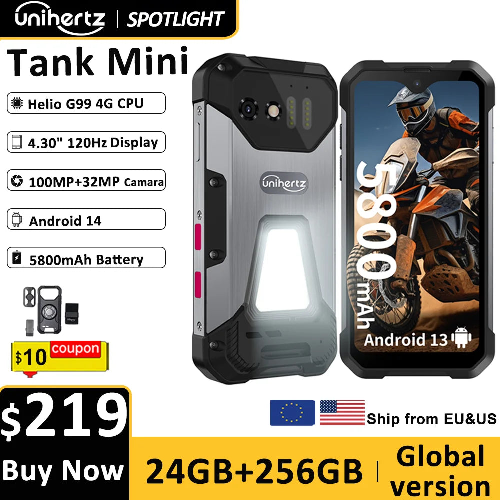 Unihertz 8849 Tank Mini Rugged Smartphone 4.3 Inch Display Android 13 Helio G99 Octa Core 5800mAh 100MP Cameras 16GB 256GB IP68